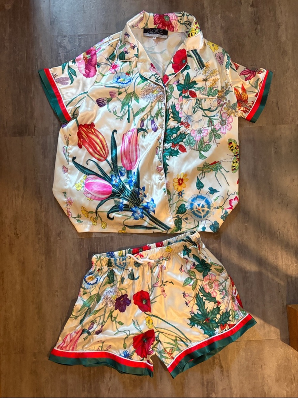 Women’s Floral Satin Pajama Set - Cream with Multicolor Floral Print